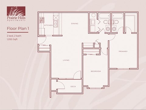 Floor plan for 2 beds, 2 baths, 1050 sqft